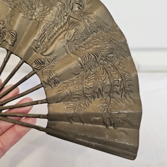 Vintage Brass Bird Crane Phoenix Floral Ornate Fan Decor Accent - Picture 7 of 8